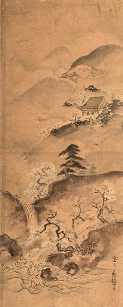 JAPON Rouleau vertical encre et lavis sur papier représentant un paysage montagneux...