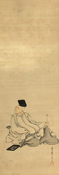 JAPON Rouleau vertical encre et lavis sur soie représentant un calligraphe tenant...