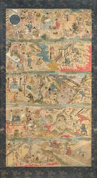 CHINE OU ART SINO-TIBETAIN Rare grande peinture sur papier, représentation des enfers...