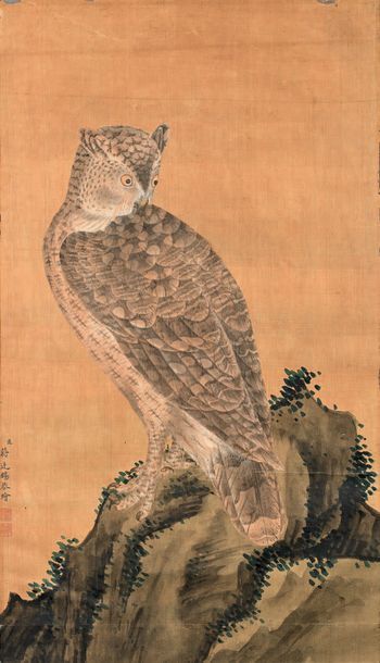 CHINE Peinture sur soie représentant un rapace nocturne (hibou) posé sur un rocher....