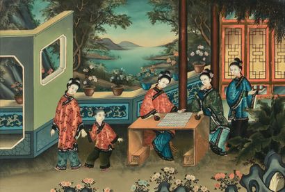 CHINE Peinture fixée sous verre, représentant des femmes jouant aux go et un enfant...