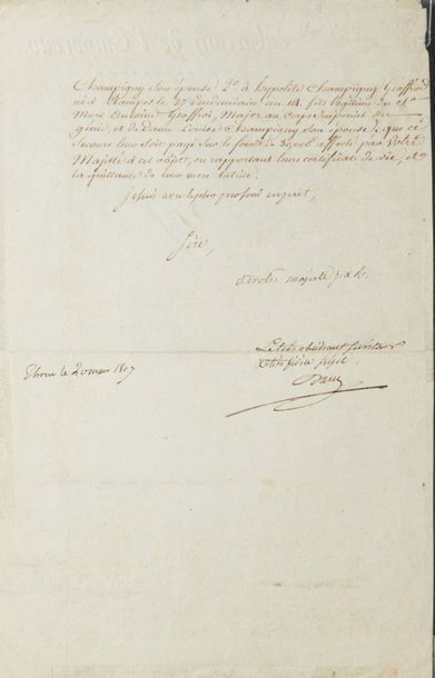 Napoléon Ier (1769-1821) 
P.S. avec un mot autographe “appr Napole”, Osterode 26...