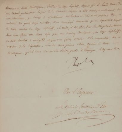 Napoléon Ier (1769-1821) 
L.S. “Napole”, Compiègne 29 mars 1810, au comte de MONTESQUIOU,...