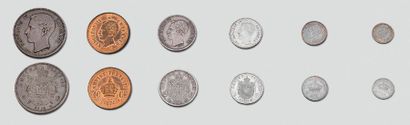 null Six rares monnaies d'essai par: “C. de F.” au profil du Prince impérial (1856/1879),...