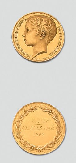 null Médaille en or au profil du Prince impérial: “NAPOLÉON LOUIS EUGÈNE PRINCE IMPÉRIAL”,...