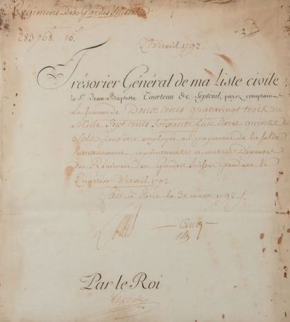 LOUIS XVI (1754-1793) Roi de France 
P.S. “Louis”, Paris 31 mars 1792; contresignée...