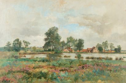 Pierre Emmanuel DAMOYE (1847-1916) Bord d'étang, 1890
Huile sur toile, signée et...