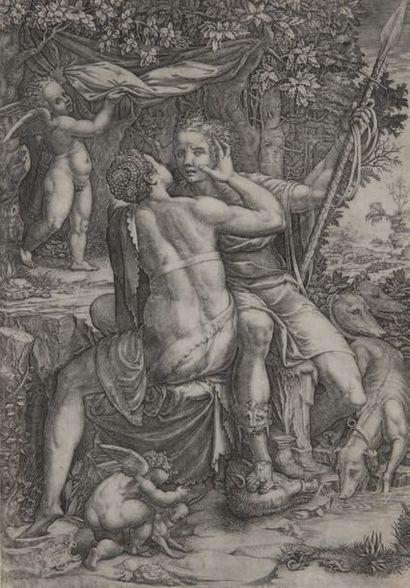 Giorgio GHISI (1512/1520-1582) Vénus et Adonis, gravé d'après Th. Ghisi.
Burin. Belle...