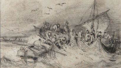 Eugène ISABEY (1804-1886) (attribué à) Scène de pêche en mer
Crayon noir
13 x 23...
