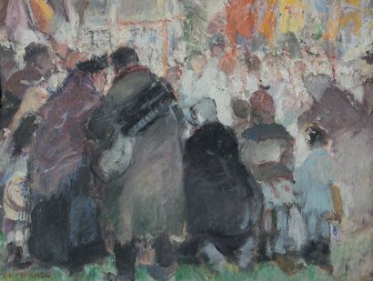 Denis Henri PONCHON (1854-1924) La procession
Huile sur carton, signée en bas à gauche
32...