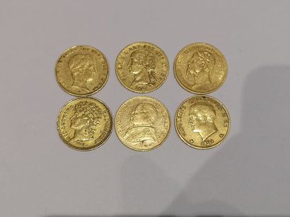 null 
6 pièces de 20 Lires or datées 1808, 1813, 1817, 1849, 1851, 1866