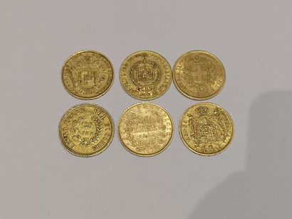 null 
6 pièces de 20 Lires or datées 1808, 1813, 1817, 1849, 1851, 1866