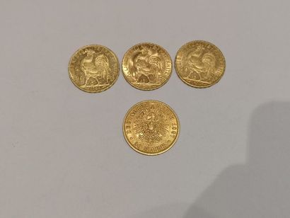 null 
Lot de 4 pièces en or comprenant :

3 pièces de 20 Francs or

1 pièce de 20...