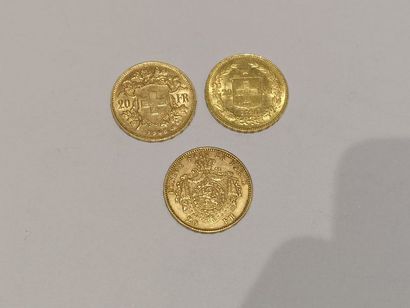 null 
Lot de 3 pièces en or comprenant :

2 pièces de 20 Francs Suisse or datées...