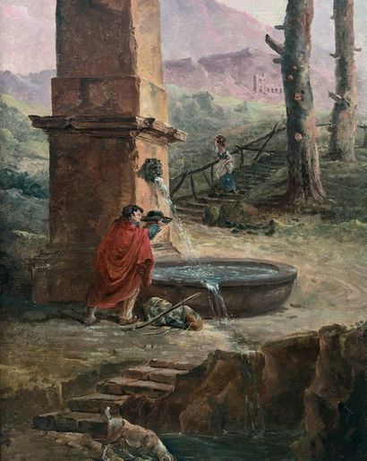 Hubert ROBERT (Paris 1733 - 1808) Buveur à la fontaine d'un obélisque
Femmes et enfant...