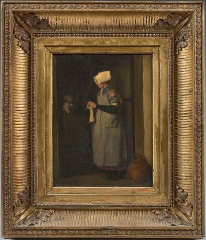 François BONVIN (Paris 1817 - Saint Germain en Laye 1887) Femme dans un intérieur...
