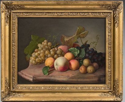Ludwig HOLTHAUSEN (Uerdingen 1807 - Düsseldorf 1890) Prunes, pêches et raisins sur...