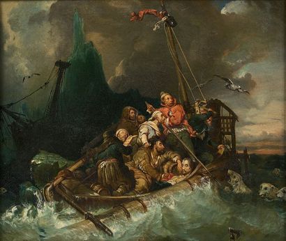 Attribué à Eugène ISABEY (1803 - 1886) Barque de naufragés attaquée par des ours...