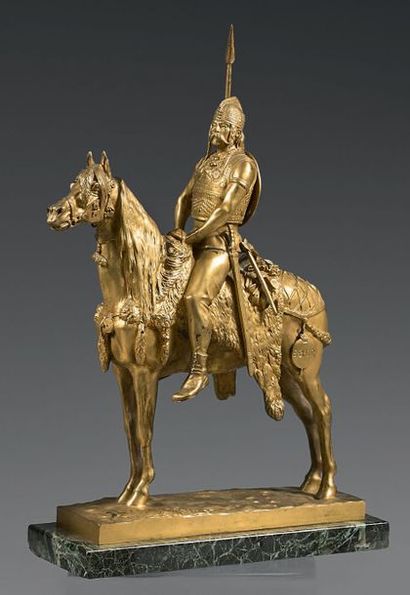 E.FRÉMIET (1824/1910), d'après Bronze équestre, doré: Cavalier gaulois; terrasse...