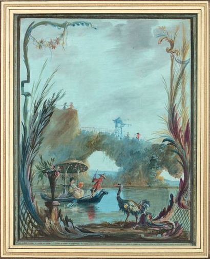 Jean PILLEMENT (Lyon 1728 - 1808) La promenade en barque, chinoiserie
Gouache. Monogrammé...