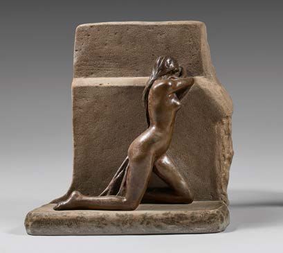Paul-Albert BARTHOLOME (1848-1928) Femme nue agenouillée
Épreuve en bronze et pierre...