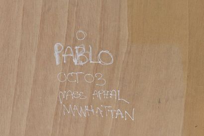 null PABLO
Mass appeal Manhattan, 2003 
Huile sur bois.
Signée et datée au dos ‘PABLO...