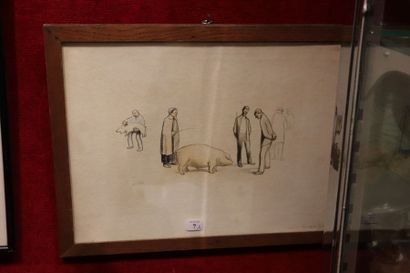 null Deux estampes humoristiques "Les cochons" - "Scène au bistrot"