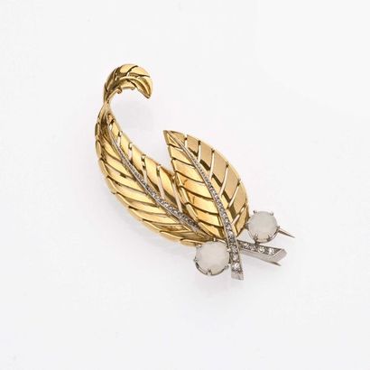 null FONTANA Broche feuille en or jaune 18K (750° millièmes) et platine 800° millièmes,...