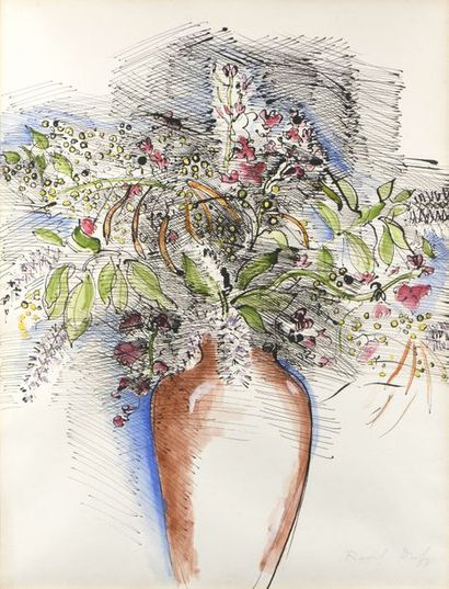 null Raoul DUFY (1877-1953) Vase de fleurs Plume, encre et aquarelle. Signée en bas...