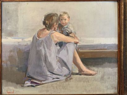 null François LEGRAND (Né en 1951) La mère et l'enfant Huile sur isorel 32,7 x 40,6...