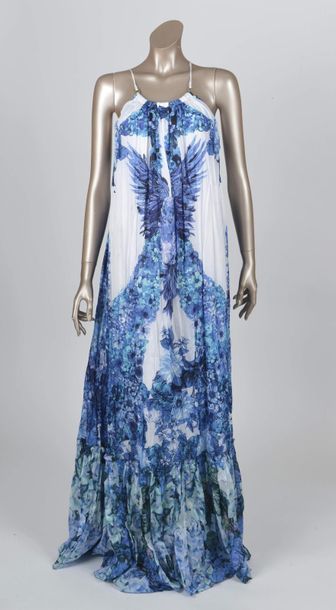 null Roberto CAVALLI : robe longue en coton à décor de fleurs bleu turquoise et bleu...