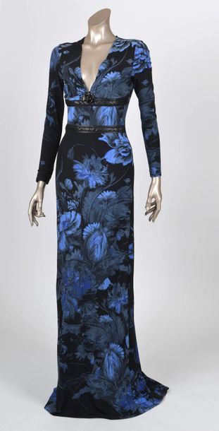 null Roberto CAVALLI : robe du soir en polyester noir à motifs de fleurs bleues,...