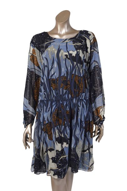 null GUCCI : robe en soie à motifs stylés bleus et décor de feuillage, manches longues,...
