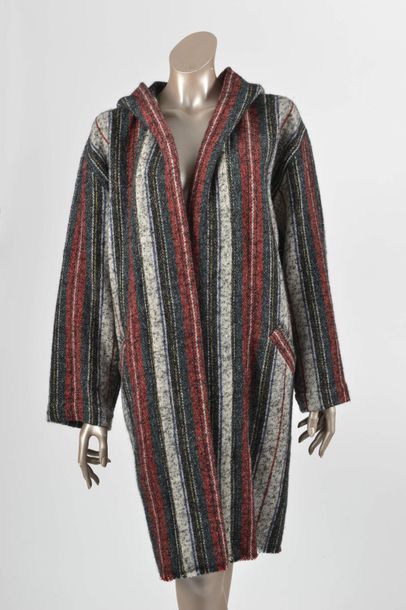 null Isabel MARANT : manteau en laine gris noir et rouge, avec une capuche, bordures...
