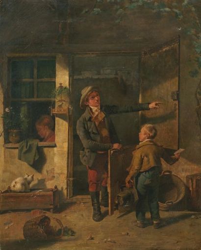 Martin DROLLING (1752-1817) Le petit porteur de missives Esquisse à l'huile. Non...