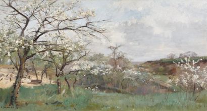 Emmanuel DAMOYE (1847-1916) Paysage en fleurs, 1891 Huile sur toile. Signée en bas...