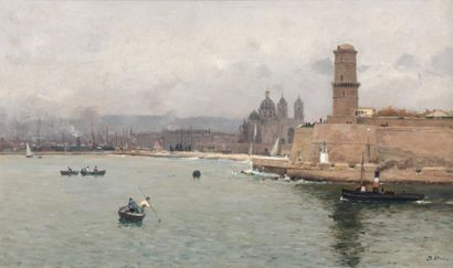 Jean-Baptiste OLIVE (1848-1936) L'entrée du port de la Joliette, en fond la Cathédrale...