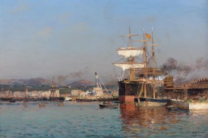 Jean-Baptiste OLIVE (1848-1936) Port de Toulon Huile sur panneau d'acajou. Signée...