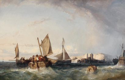Eugène Modeste Edmond LE POITTEVIN (1806-1870) Bateaux rentrant au port Huile sur...