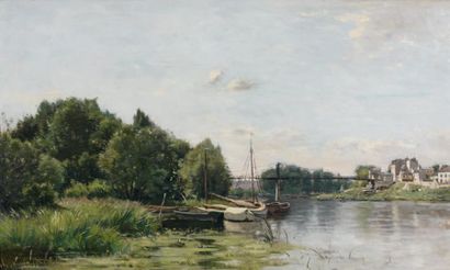 Adrien SAUZAY (1841-1928) Paysage à la mare Huile sur panneau d'acajou. Signée en...