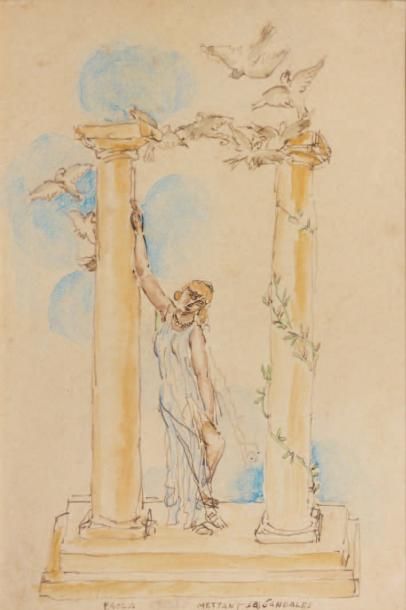 Antoine BOURDELLE (1861-1929) Paola, paysage néo-classique Aquarelle. Non signée....