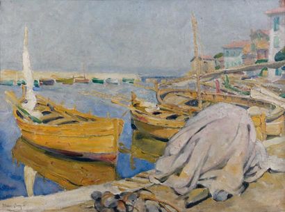 Carrera LLANO FLOREZ (1889-?) Barques à quai, 1918 Huile sur toile. Signée en bas...
