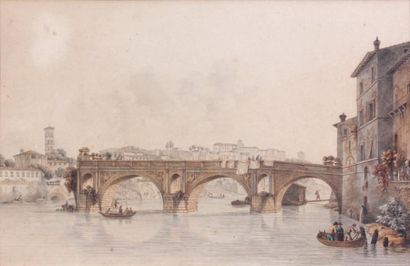 Victor Jean NICOLLE (1754-1826) Le ponte Rotto à Rome Aquarelle, plume et encre brune....