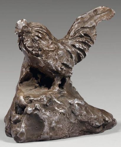 François POMPON (1855-1933) Coq Bronze à patine argentée. Signé. Fonte à la cire...