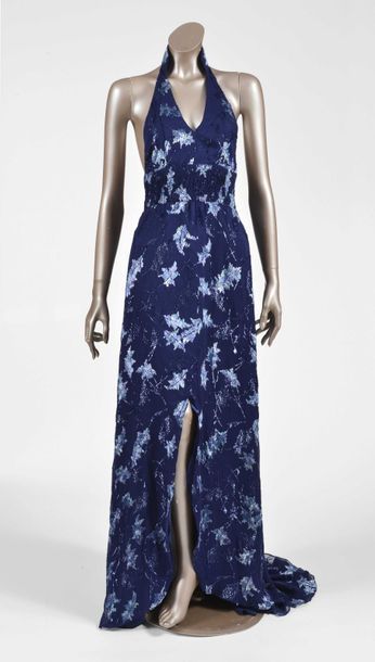 null SHANGHAITANG : robe longue dos nu en velours dévoré bleu nuit à motifs stylisés...