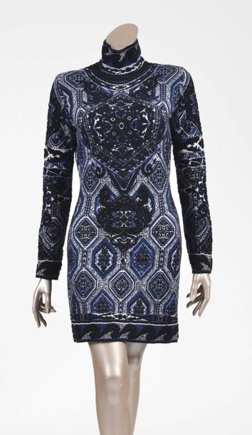 null Emilio PUCCI : robe en laine et mohair à motifs de jacquard noir blanc et bleu,...