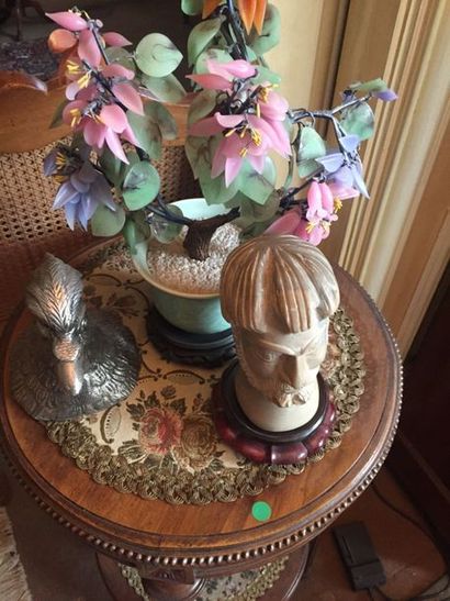null Lot including a silver plated metal rooster head, a modern celadon ceramic pot,...
