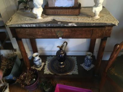 null Natural wood console with columns, grey marble top. Empire Period