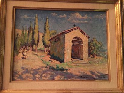 null Ecole française du sud du XXème siècle, Chapelle et cyprès, huile sur toile,...