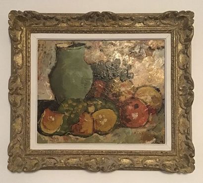 null Still life with fruits and pitcher, oil on isorel